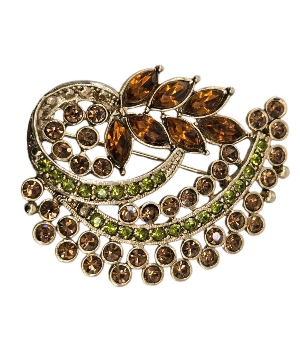 Vintage Fall Color Rhinestone Brooch Orange Green Amber Gold Tone